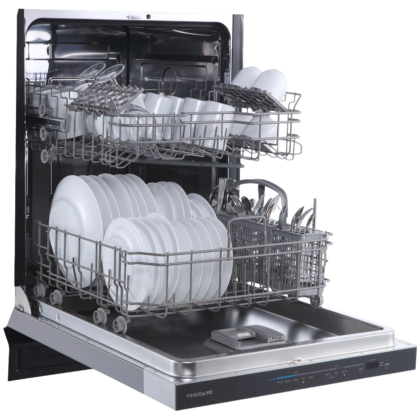Open 24-inch built-in dishwasher loaded with white dishes, featuring stainless interior and utensil holder in kitchen appliance setting
