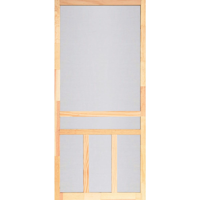 Natural wood screen door with T-bar design and fine mesh, suitable for home improvement projects