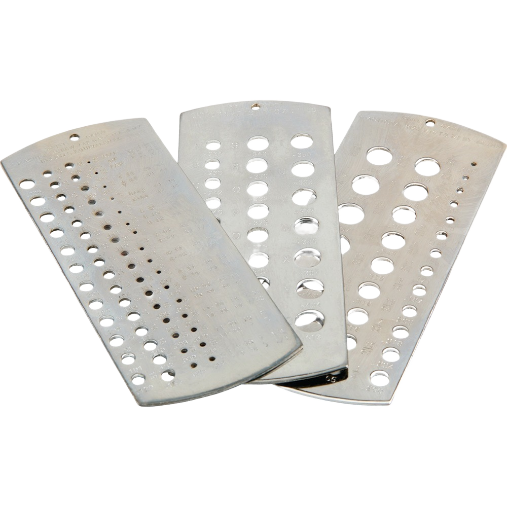 Set of three steel drill gauge plates with precision stamped holes and clear numbered markings for tool accessories and home improvement