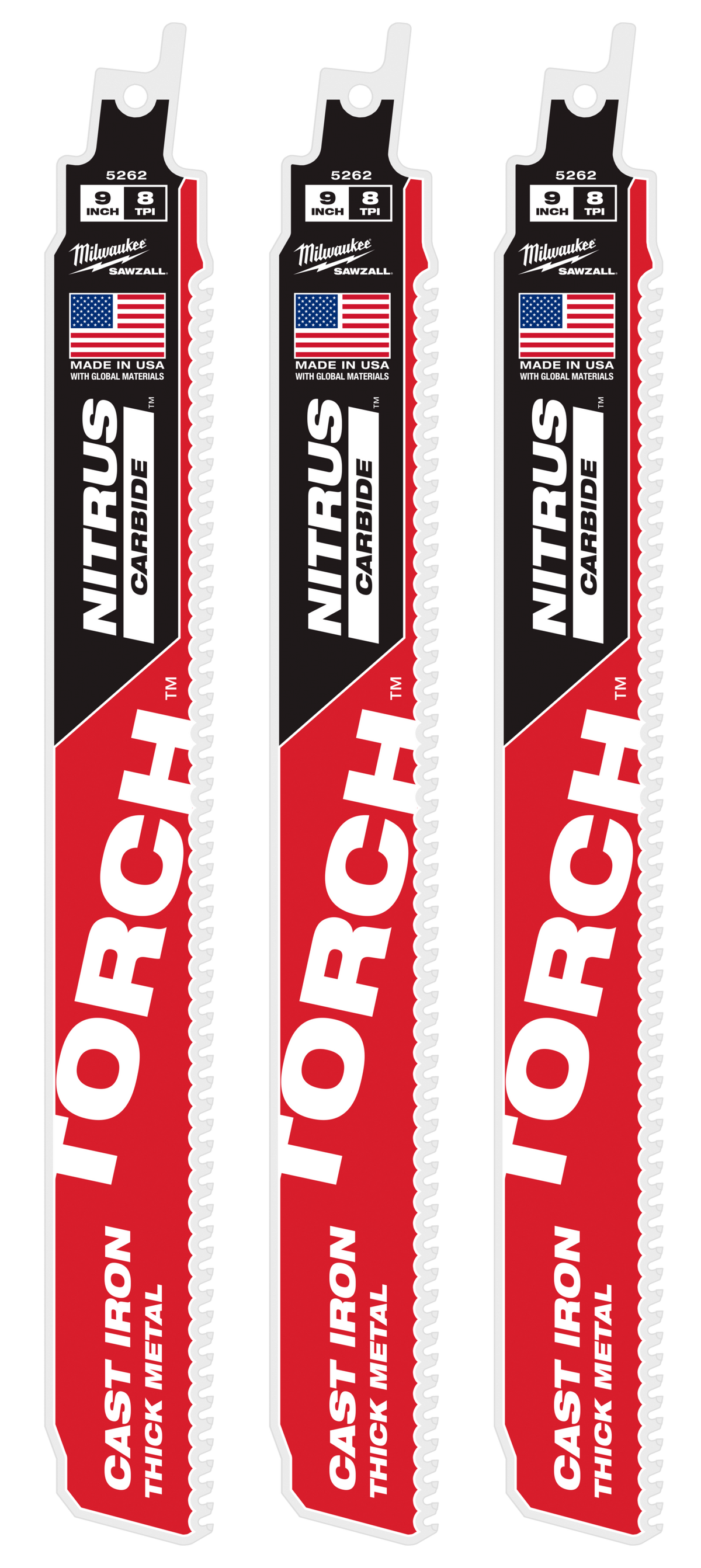 Milwaukee 9" 8 TPI TORCH™ w/NITRUS™ Carbide SAWZALL® Blade for Cast Iron, 3-Pack