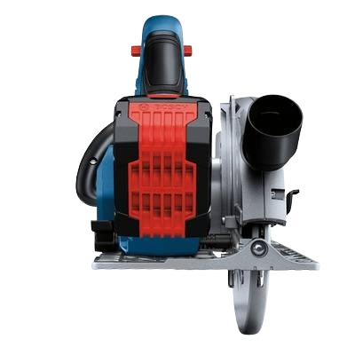 Front view of a cordless circular saw with red and blue housing and dust collection port for home improvement projects