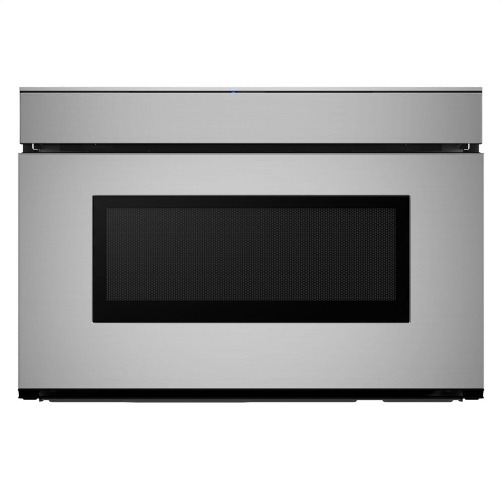 Front view of stainless steel microwave drawer with black window in built-in microwaves and kitchen appliances collection