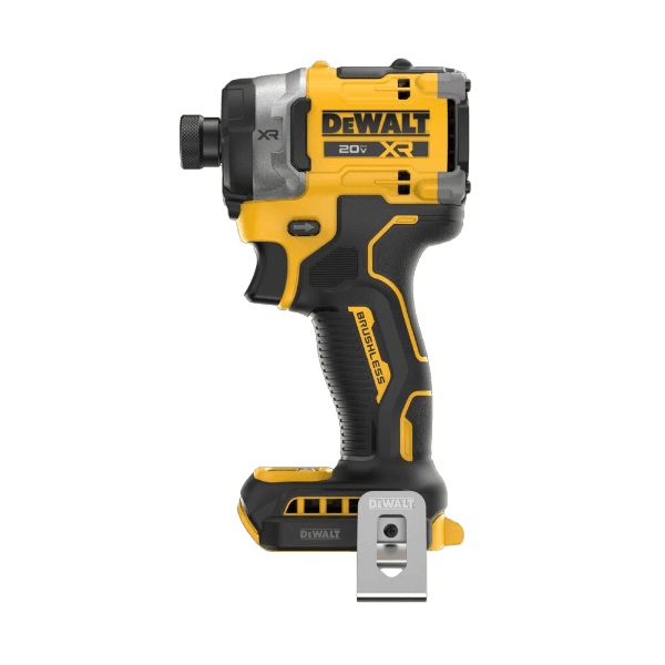Compact yellow and black cordless high torque impact driver with ergonomic grip and metal belt clip for home improvement tasks
