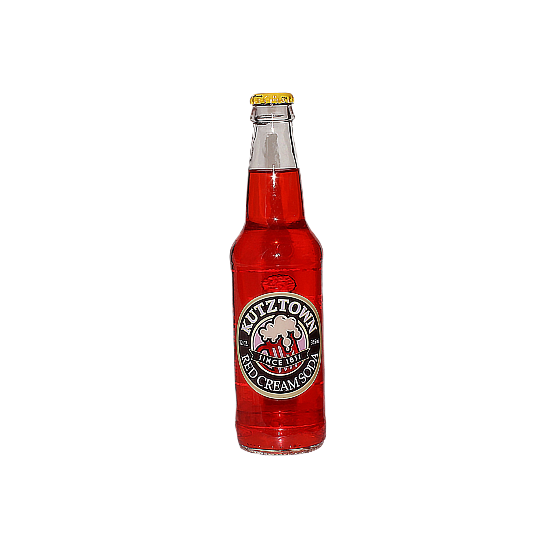 Clear glass bottle filled with bright red cream soda labeled Kutztown with a yellow bottle cap