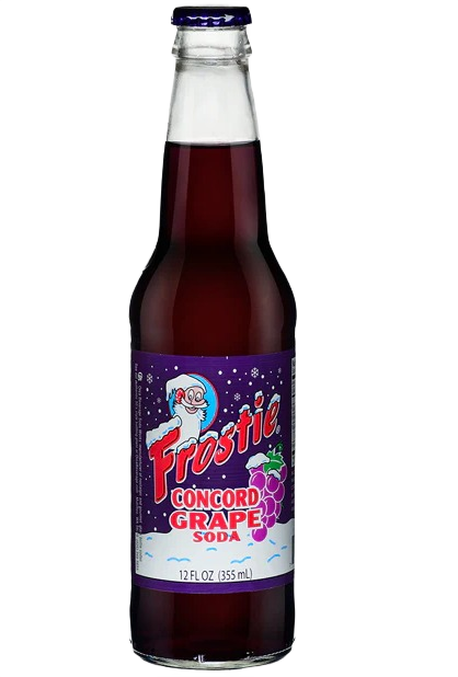 Clear glass bottle filled with dark purple grape soda and a colorful Frostie label in classic style