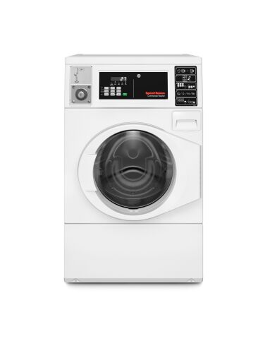 White commercial front load washer with digital quantum controls and coin drop feature, designed for durability in front load washers and appliance collections.