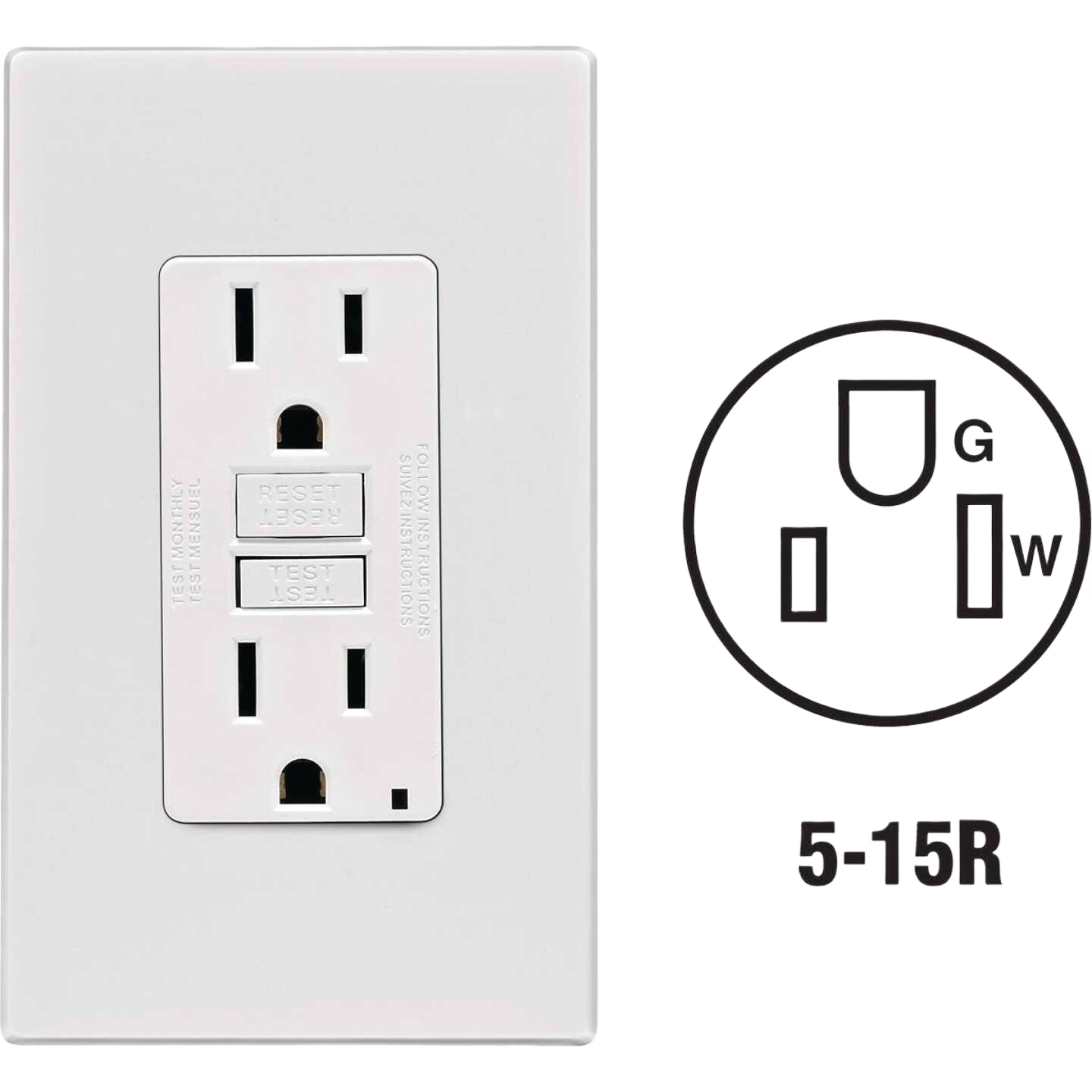 White 15A GFCI electrical outlet with self-test buttons and matching wallplate for home improvement use under $50