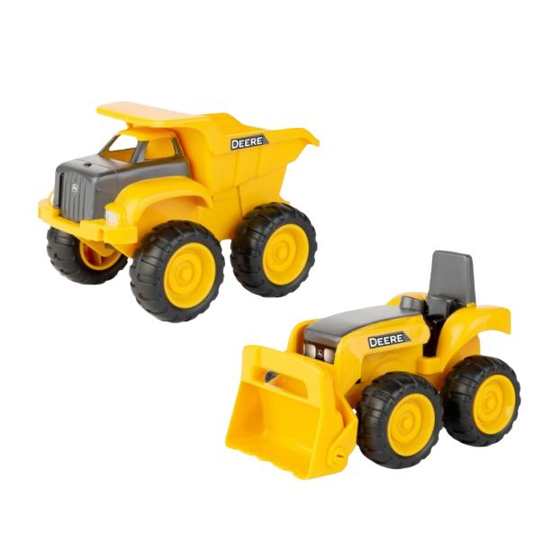 Yellow toy construction vehicles including a loader tractor and dump truck for kids in toys and games collections under $50