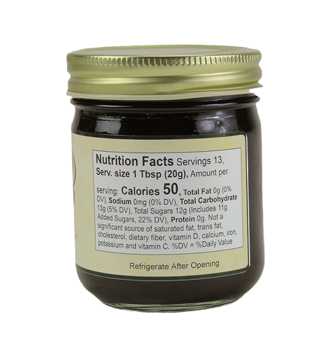 Nutrition facts label on 9 oz Hartville Kitchen F.R.O.G. jam with figs, raspberries, orange, and ginger in jams and jellies collection