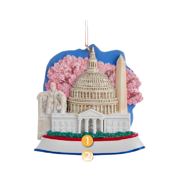 Detailed ornament featuring the Capitol, Washington Monument, and cherry blossoms with personalized name plate area
