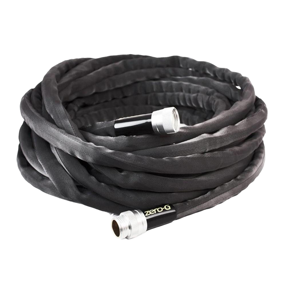 Black flexible garden hose with metal connectors, part of watering and irrigation tools for home and lawn care collections