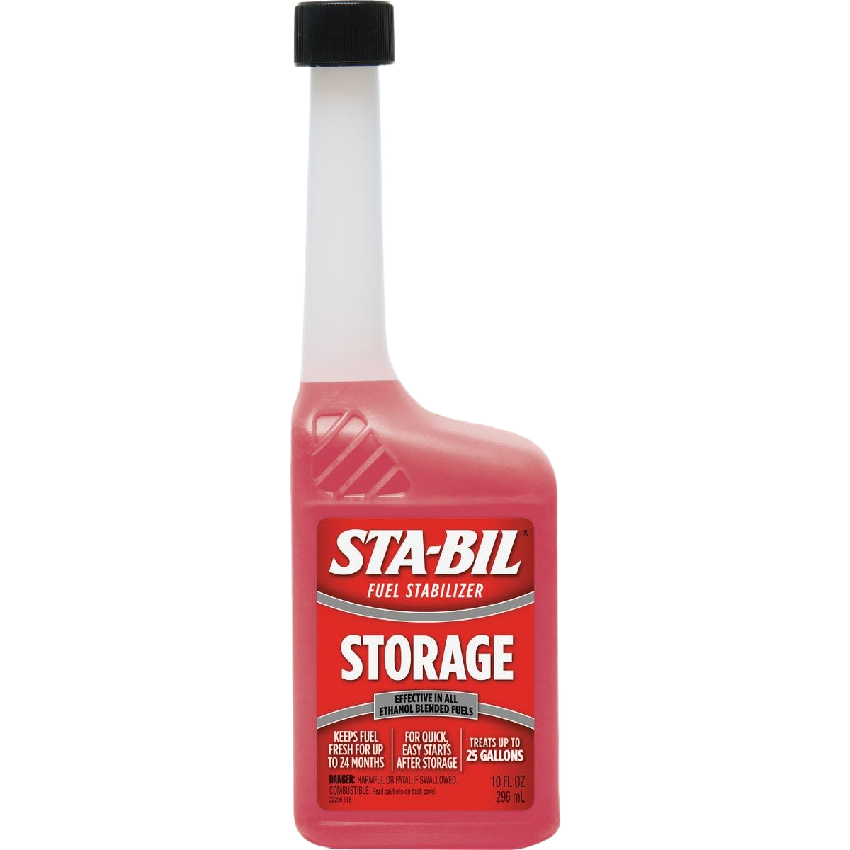 Red plastic bottle of fuel additive designed to keep gasoline fresh in automotive fluids and lubricants collection