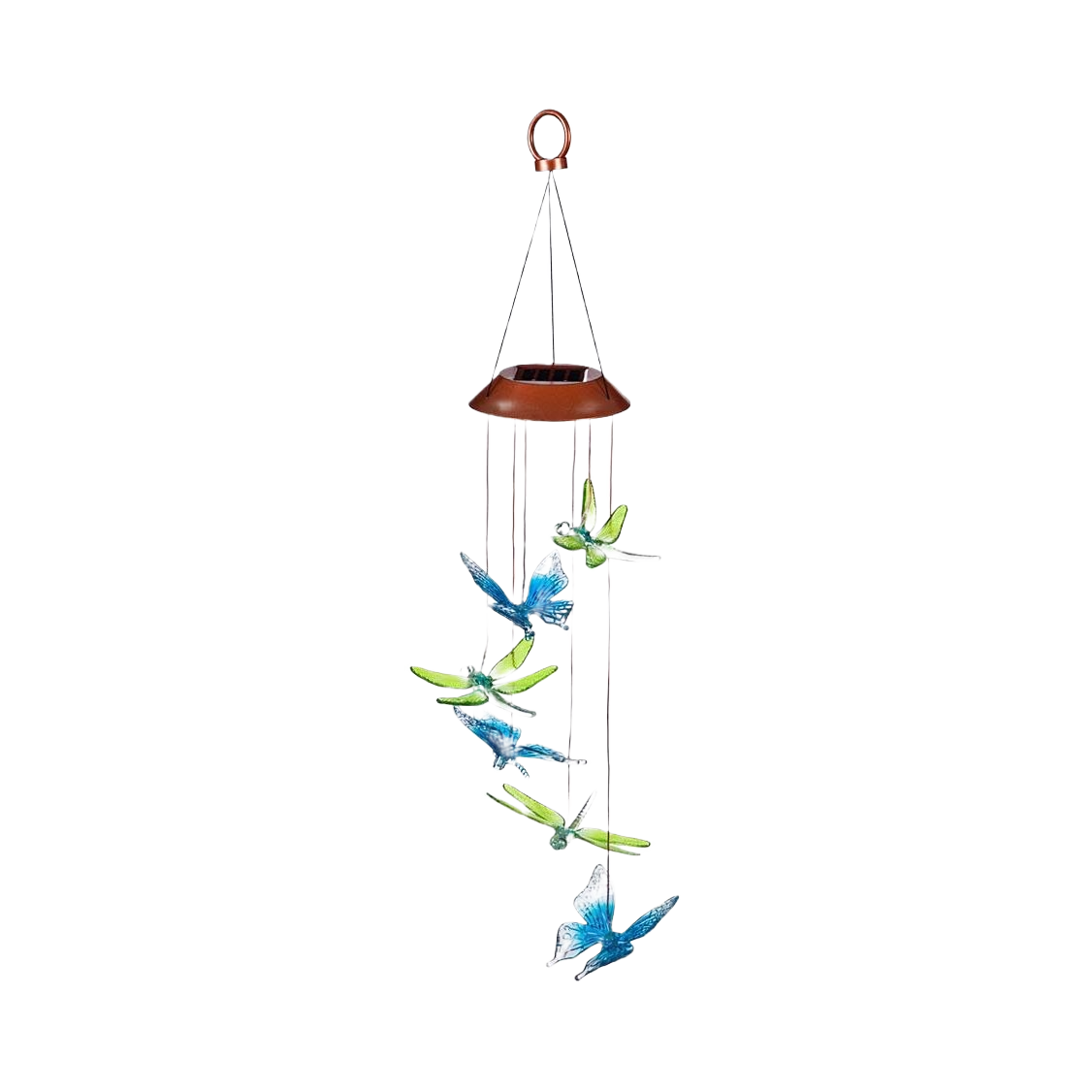 Colorful solar-powered hanging mobile with dragonfly and butterfly designs for outdoor home decoration and ambiance lighting
