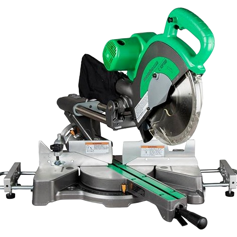 Green and silver 10-inch sliding dual compound miter saw with adjustable fence and dust collection bag, part of Power Tools and Rental Equipment at Hartville Hardware for home improvement projects.