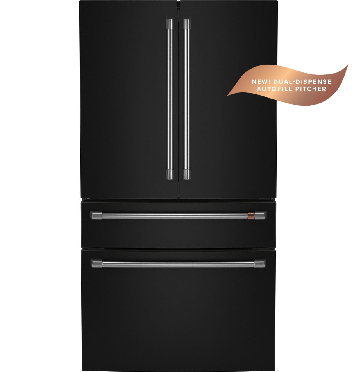 Matte black smart 4-door French-door refrigerator with dual-dispense AutoFill pitcher and stainless handles from appliances collection