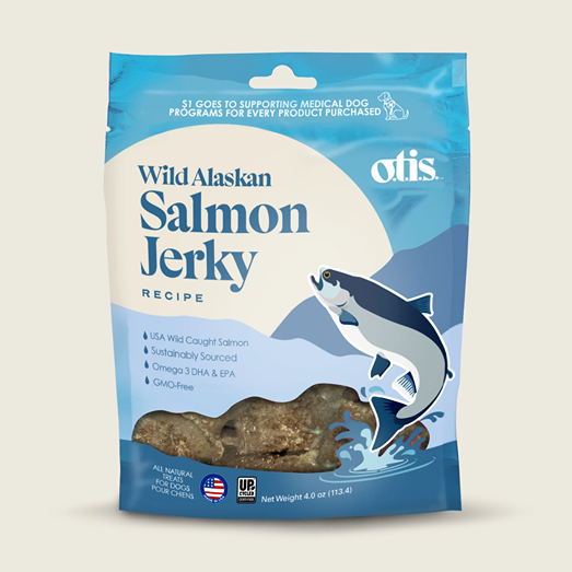 Blue resealable bag of wild Alaskan salmon jerky dog treats with fish illustration and sustainability highlights.