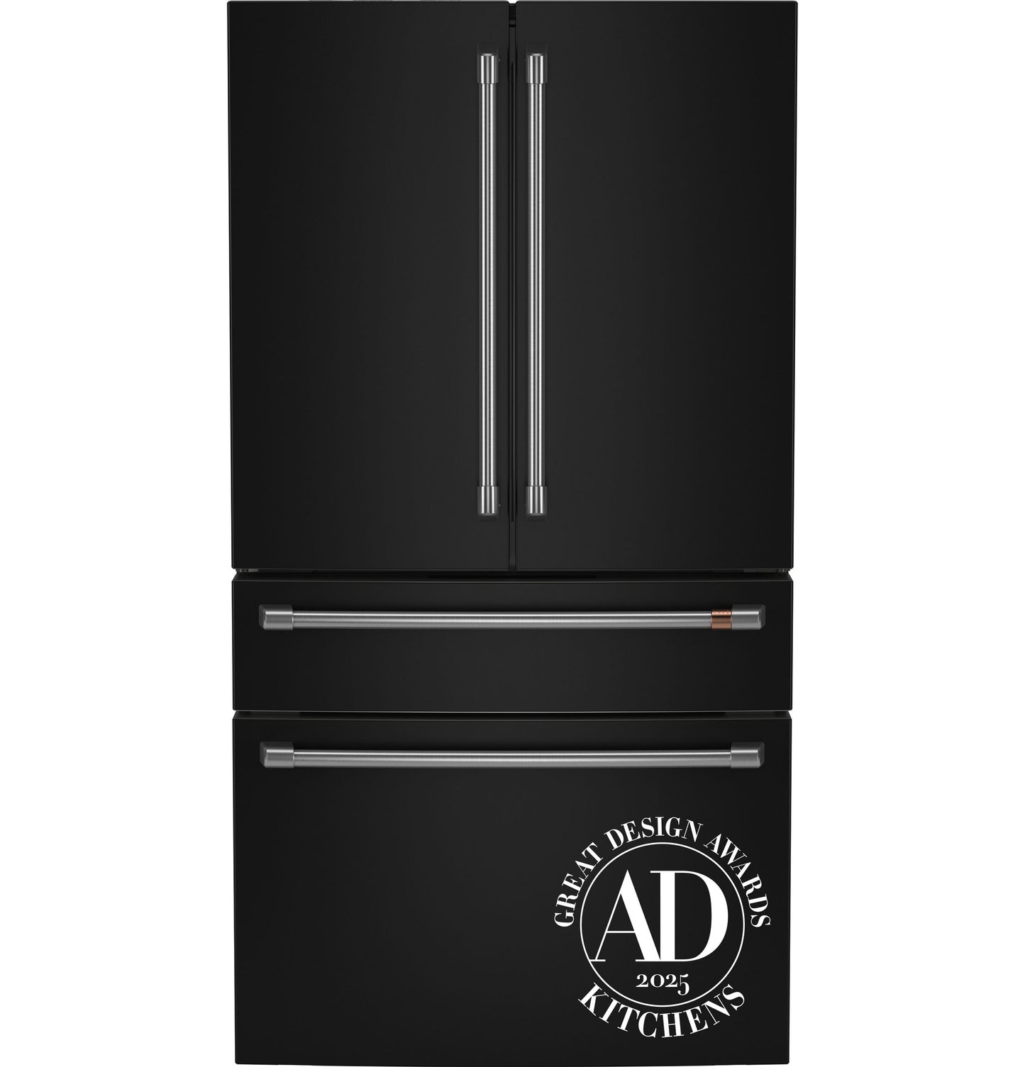 Matte black smart French-door refrigerator with dual-drawer freezer and sleek modern handles from kitchen appliances collection