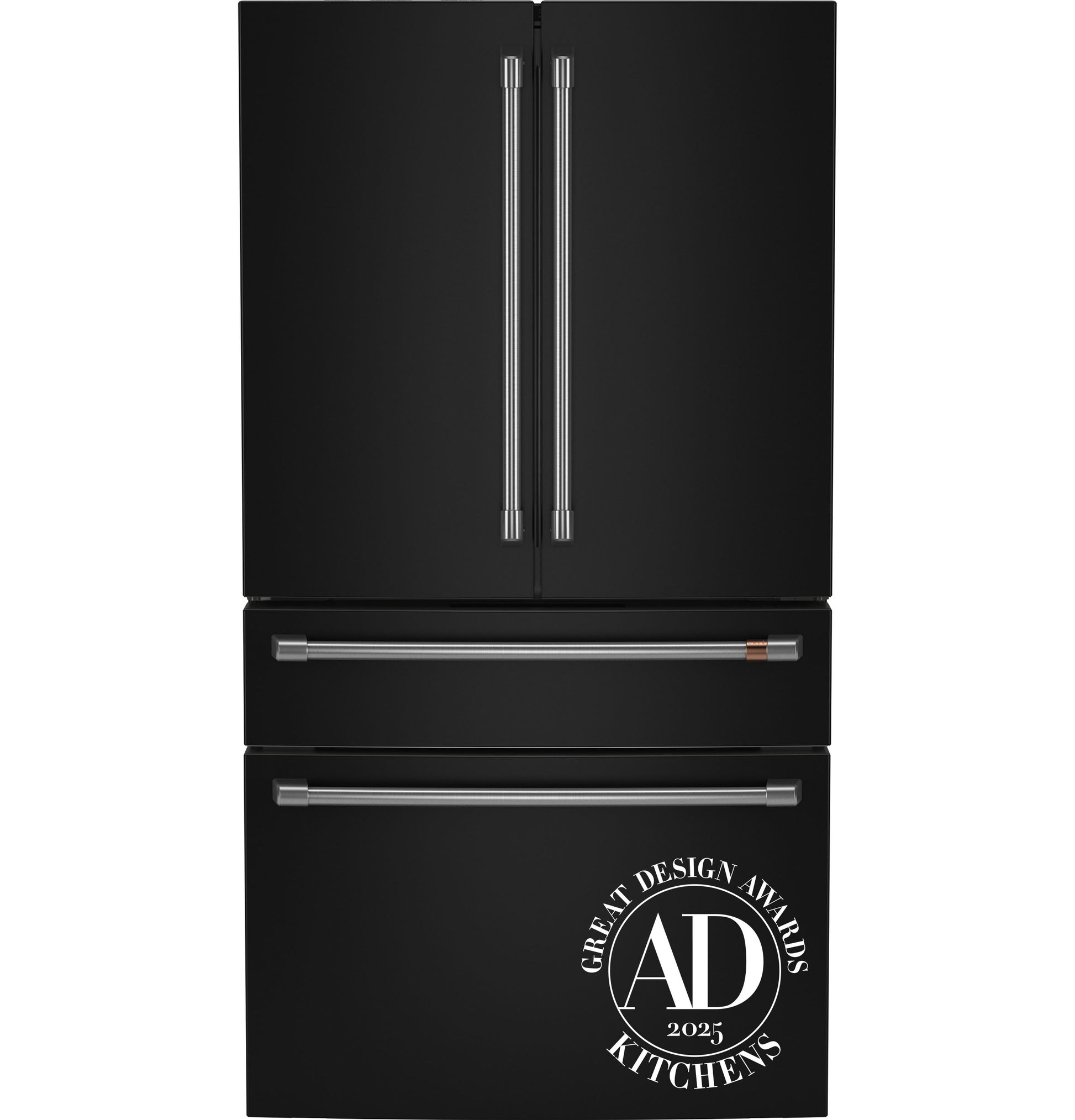 Matte black smart French-door refrigerator with dual-drawer freezer and sleek modern handles from kitchen appliances collection