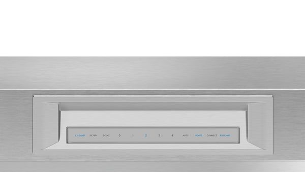 close-up of stainless steel wall hood control panel with digital display and touch buttons for kitchen ventilation