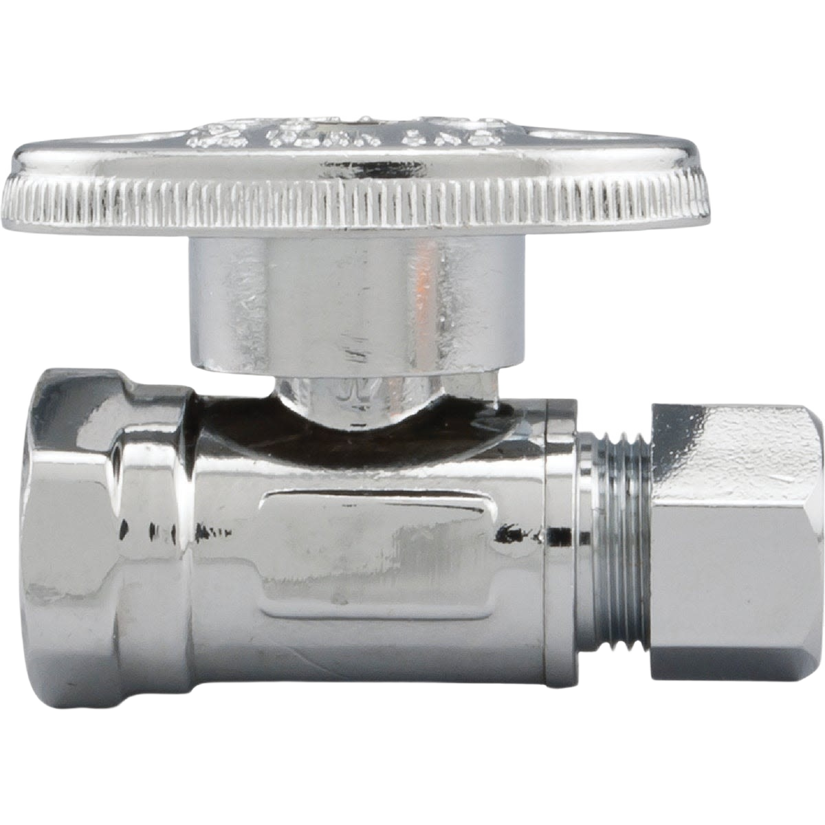 Chrome quarter turn compression stop valve with FIP fitting for plumbing and home improvement projects