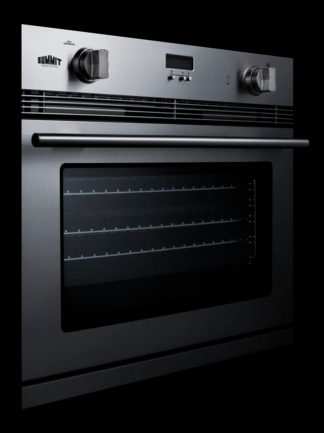 Stainless steel 30-inch wide gas wall oven with digital display and control knobs for modern kitchen appliances