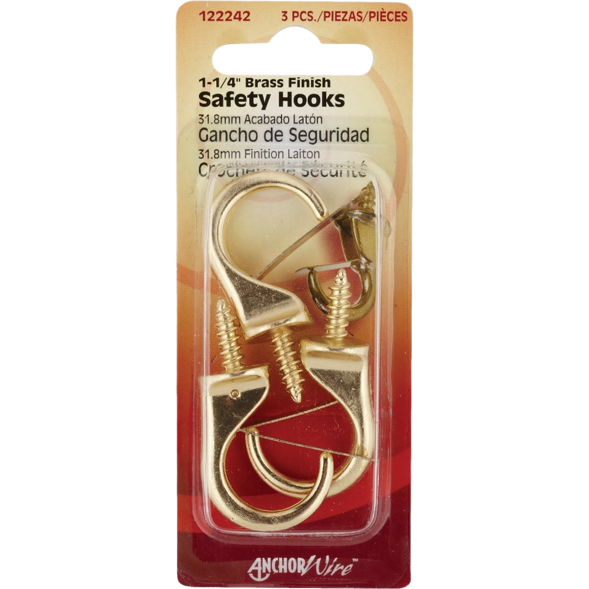 Set of three 1-1/4 inch brass finished safety hooks with screws for hardware and fastener needs under $50 collections
