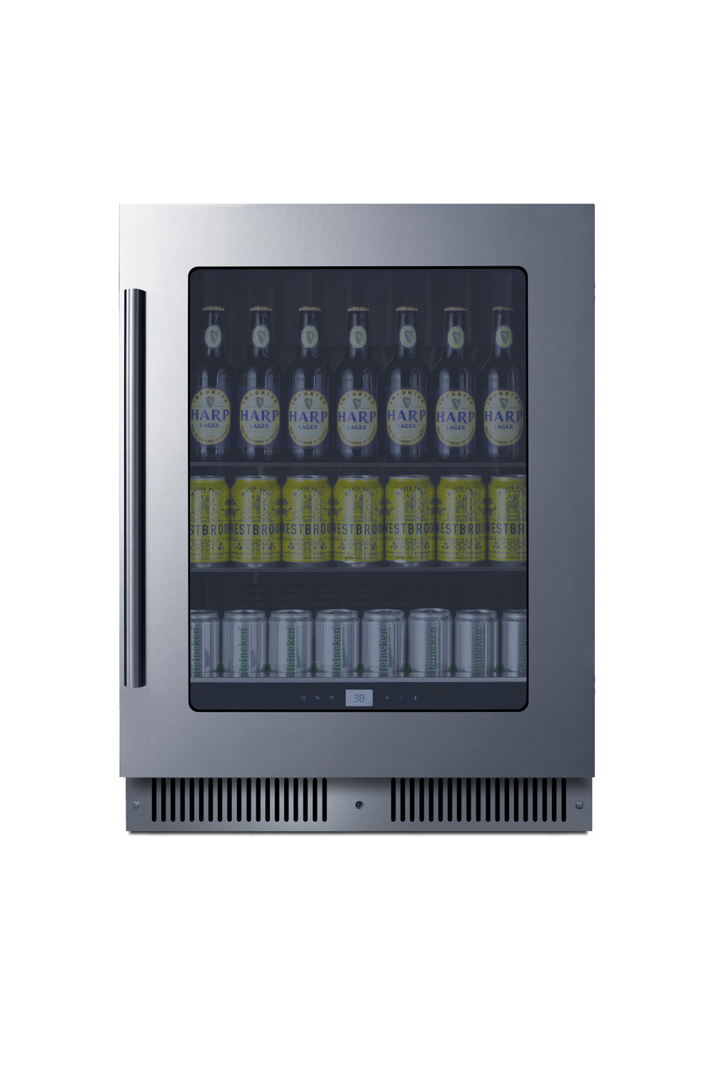 Built-in undercounter beverage center with glass door displaying bottles and cans inside, stainless steel finish, kitchen appliance.