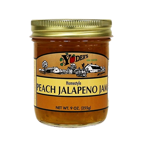 Jar of peach jalapeno jam with gold lid from Hartville Jams, Jellies, Preserves, and Fruit Butters collection under $50