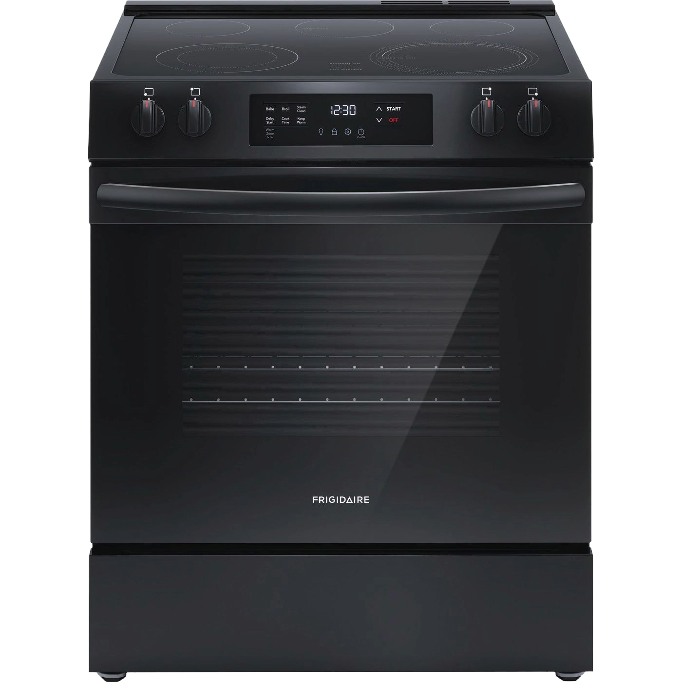 Black front control electric range with digital display and four cooking elements in kitchen appliance setting