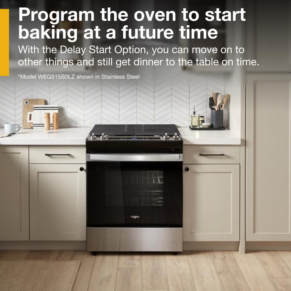 Stainless steel gas range with built-in delay start feature in modern kitchen setting from Ranges & Kitchenware collection