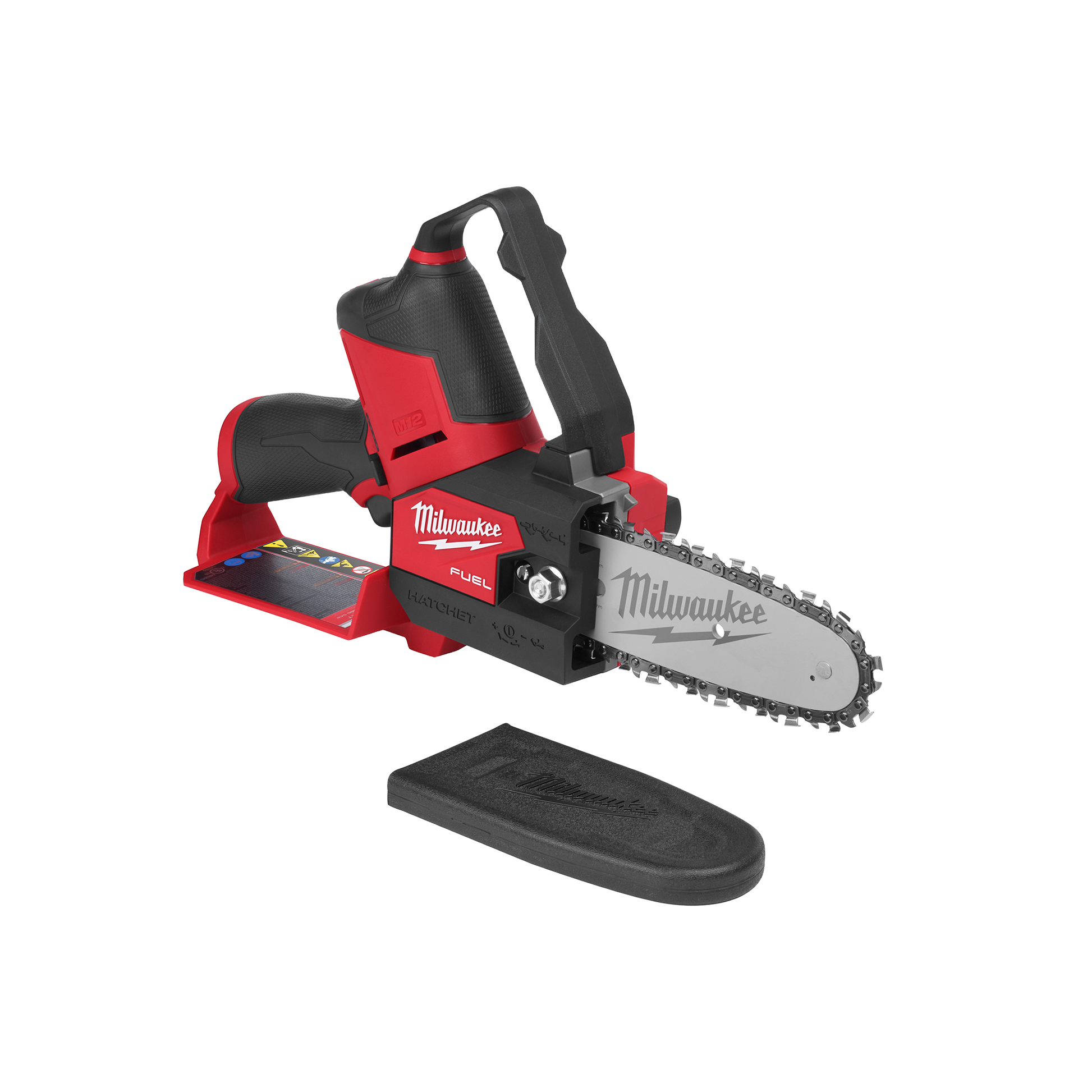 Compact red and black battery-powered pruning saw with protective blade cover for home improvement tasks