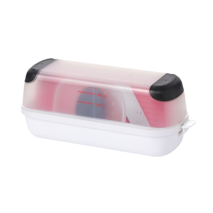 Compact white and red multi-purpose kitchen slicer and grater set with clear lid for convenient storage and meal prep
