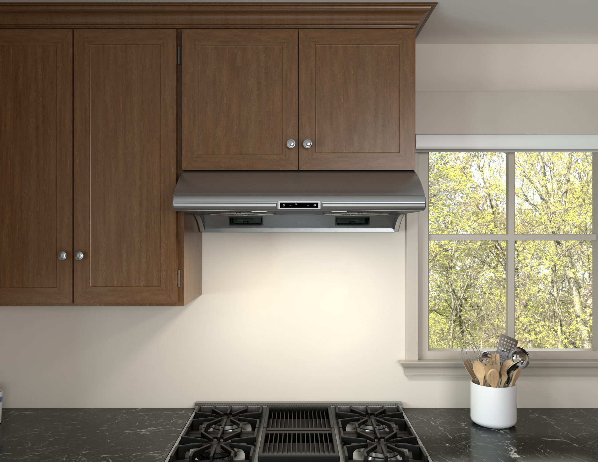 Stainless steel under-cabinet range hood with LED lighting installed between wood cabinets above a gas cooktop, part of Range Hoods and Kitchen & Kitchenware collections.