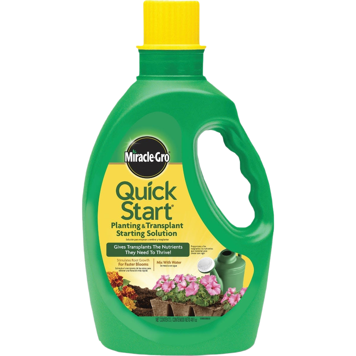 Green bottle of Miracle-Gro Quick Start solution for transplanting plants in lawn and garden care under $50 collections