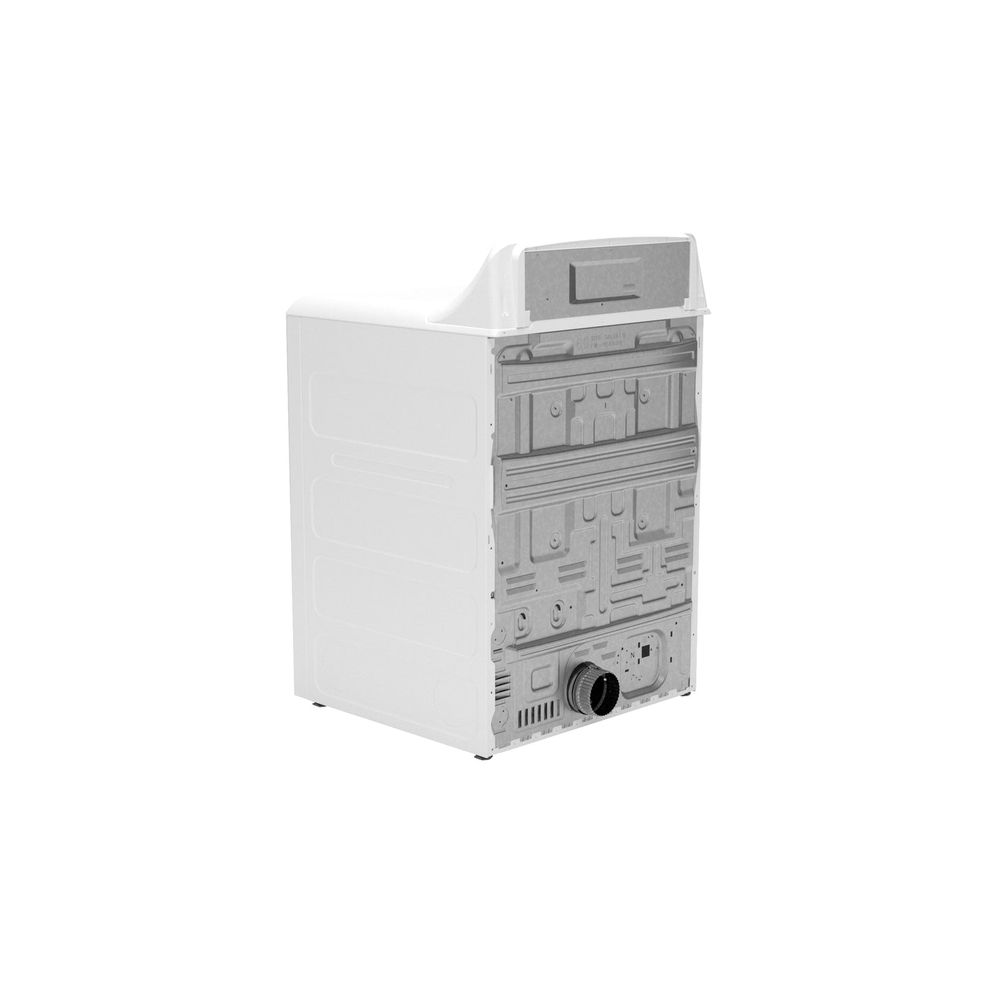 Rear view of white electric dryer showing vent outlet and metal backing panel from dryers and appliances collection