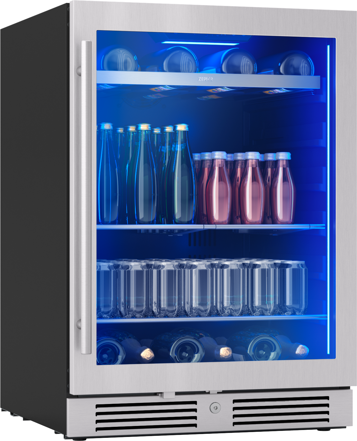 stainless steel beverage cooler with glass door, blue LED lighting, wood rack, and stocked with bottles in refrigerators collection