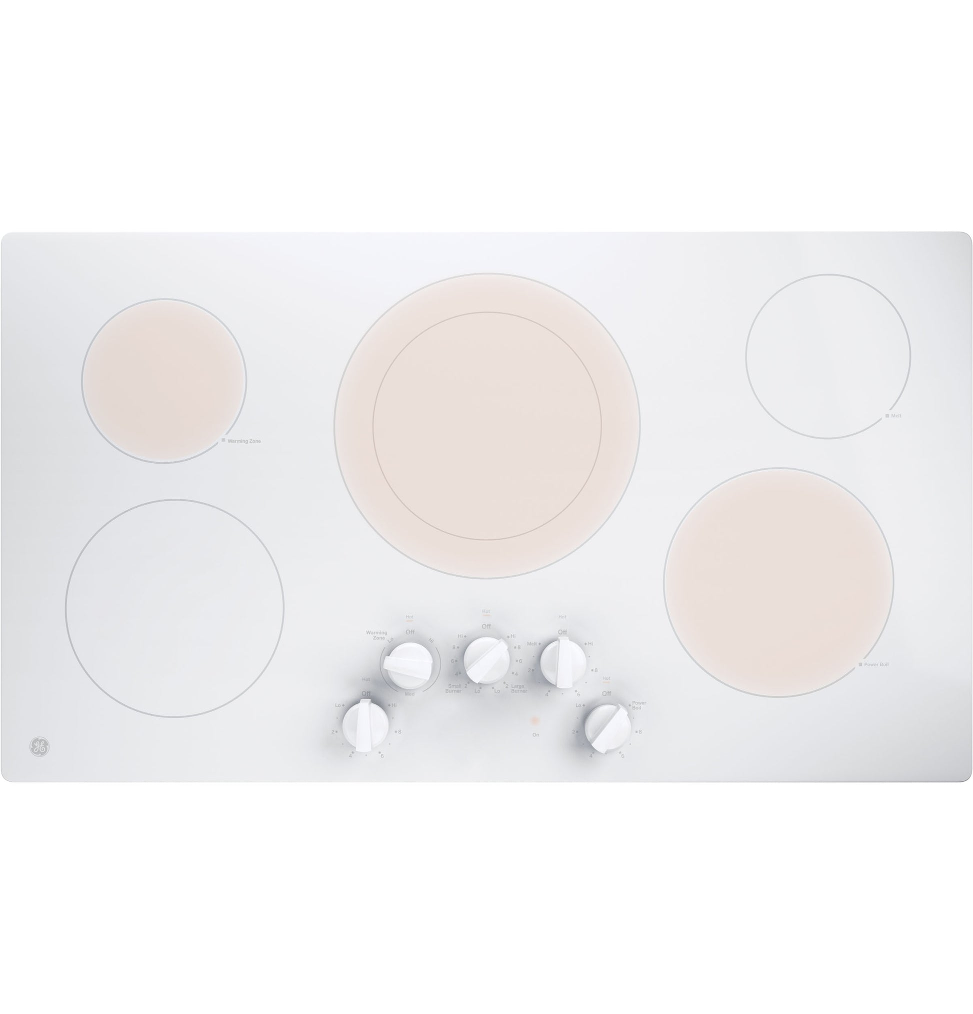 White built-in electric cooktop with five heating elements and five knob controls for kitchen and home improvement use