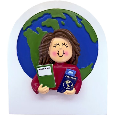 Smiling brunette female traveler ornament holding a guidebook and passport with Earth globe backdrop for Christmas decor