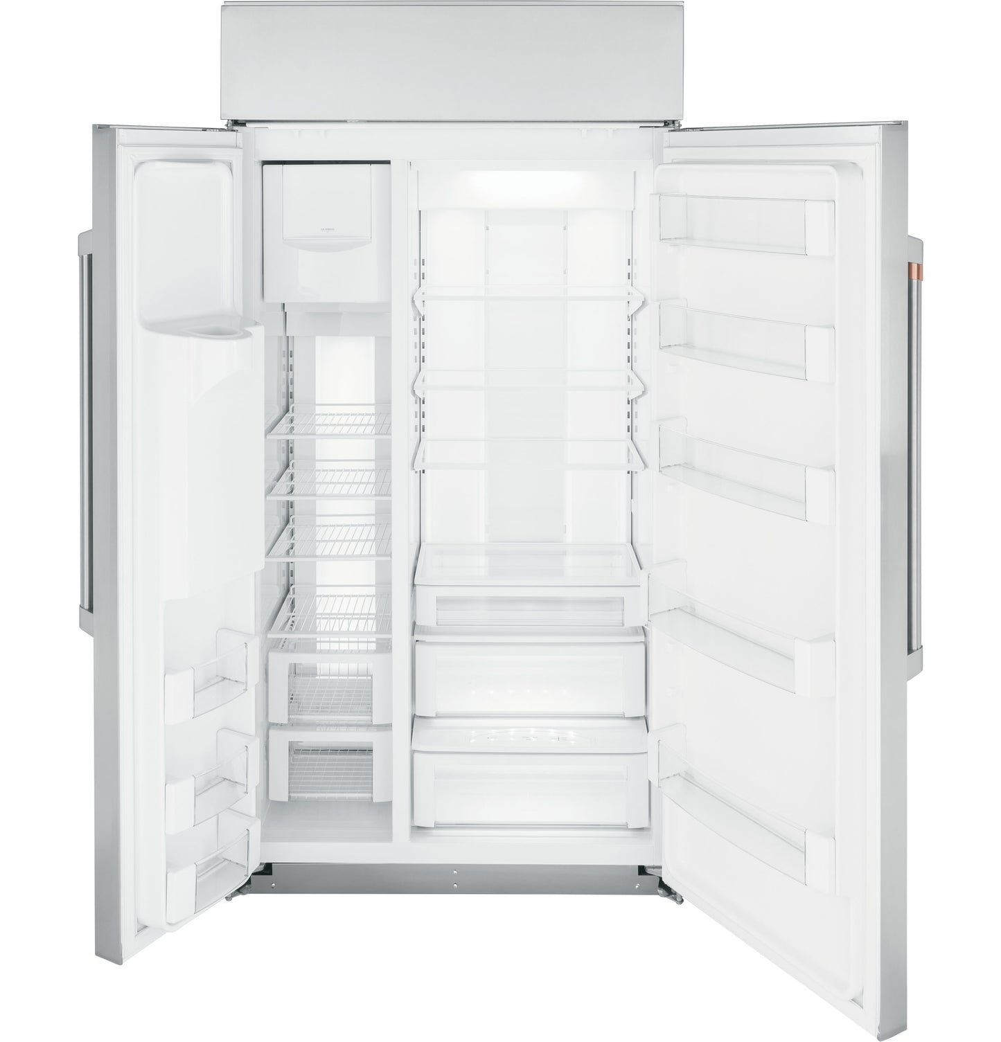 Open white built-in side-by-side refrigerator with clear glass shelves and dispenser from kitchen appliances collection