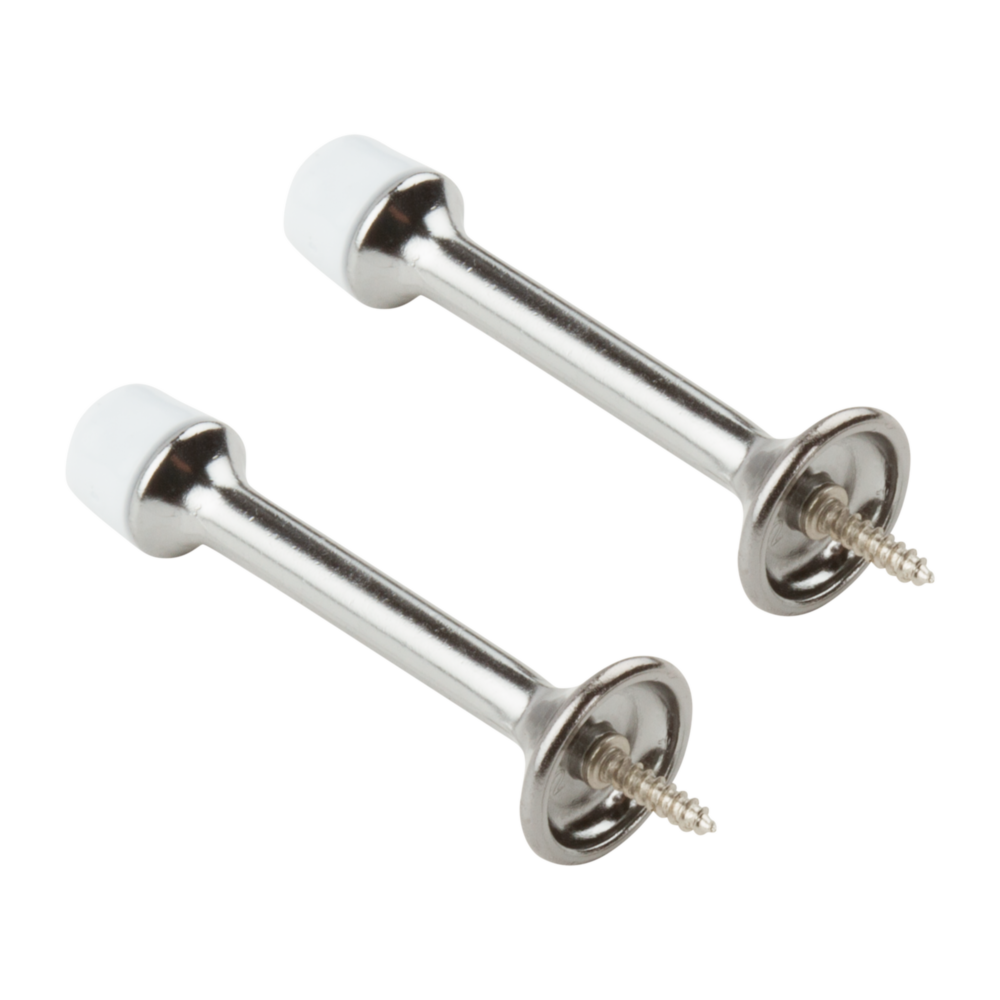 Pair of satin chrome rigid door stops with white tips and screws for door protection in Door Accessories collection