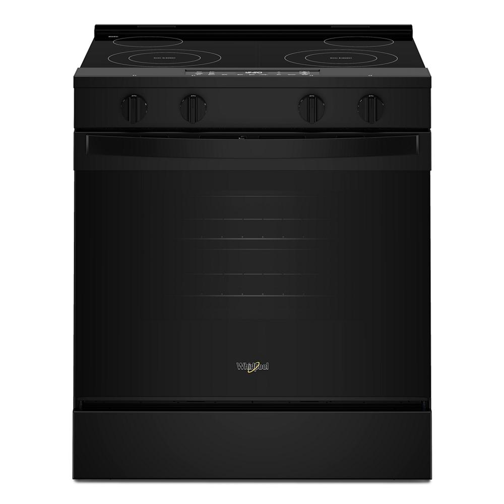 Black 30-inch electric range with smooth cooktop and control knobs in kitchen appliances and ranges collection