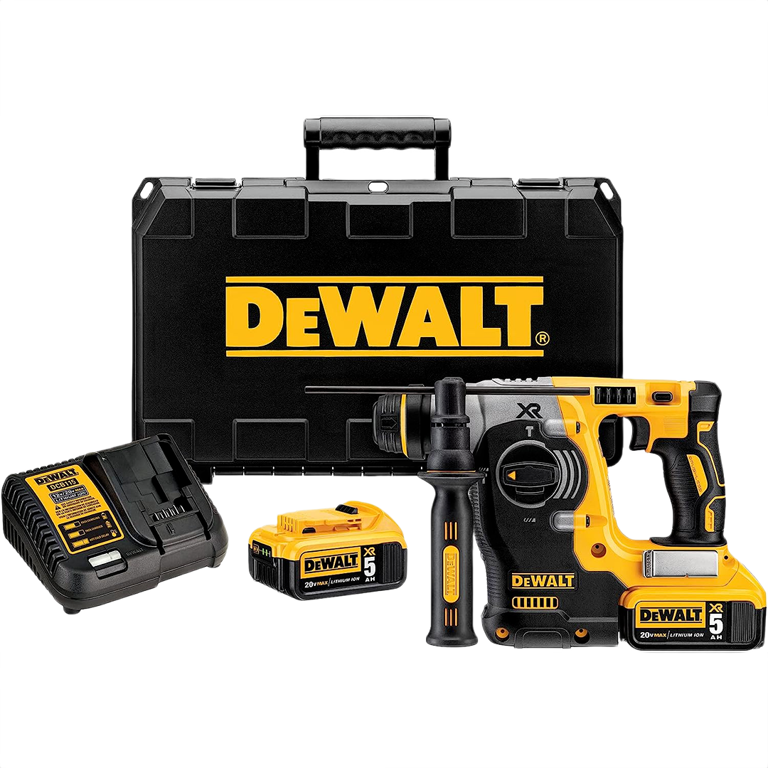 Cordless L-shape rotary hammer with two batteries, charger, and black carrying case for home improvement tools