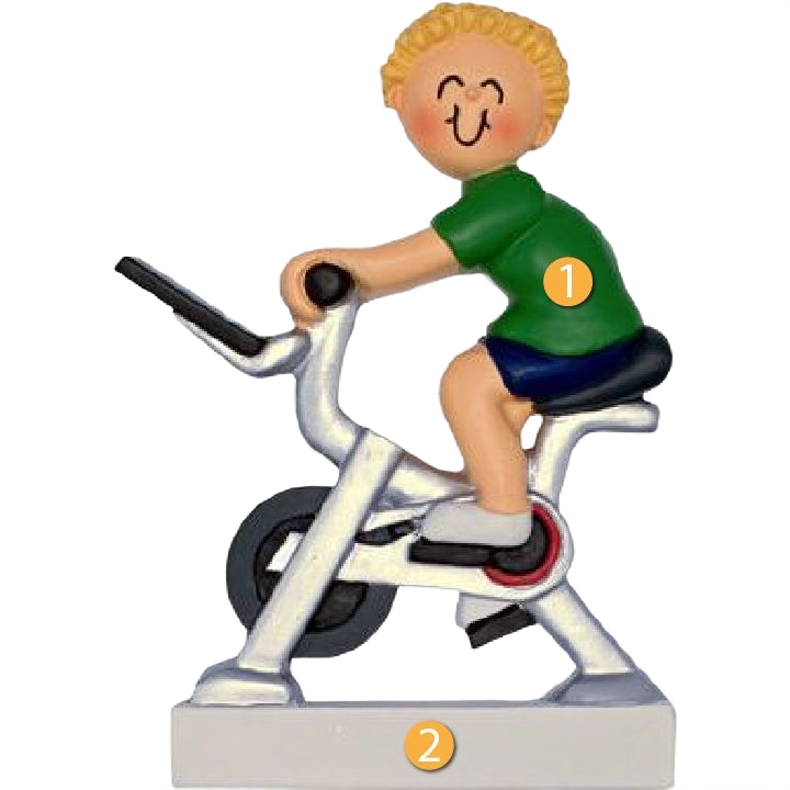 Personalized blonde male figure riding exercise bike ornament in Christmas Ornaments & Tree Decorations collection