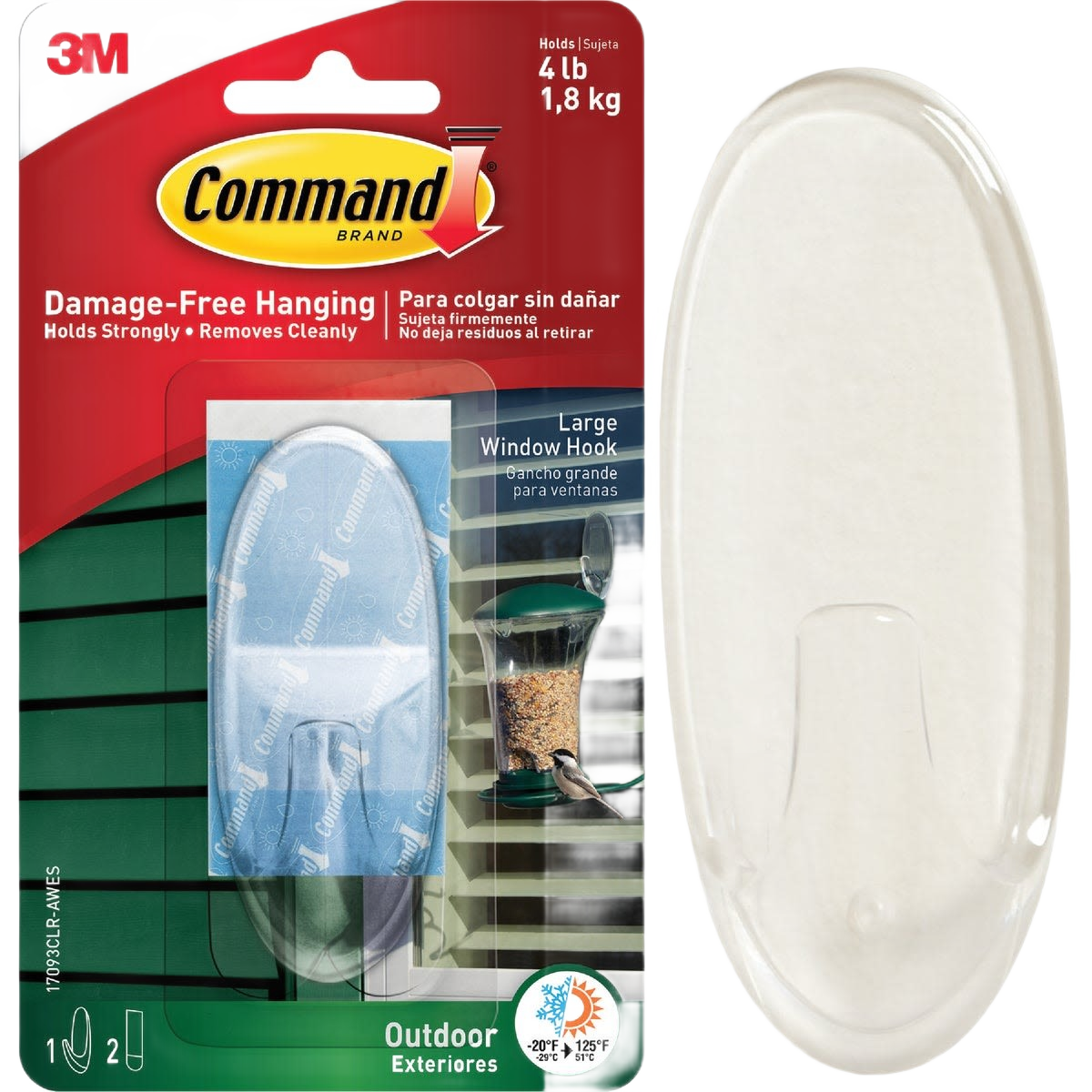 Large clear adhesive hook designed for outdoor use on windows with strong damage-free hanging ability