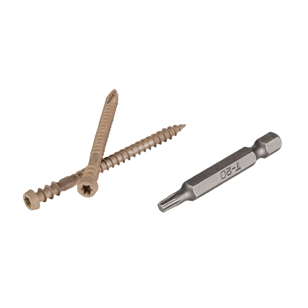 Two sand-colored screws and a metal screwdriver bit designed for home improvement tools and projects