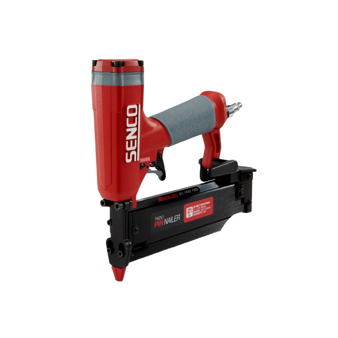 Compact red and black pneumatic pin nailer with cushioned grip for precise fastening in home improvement projects