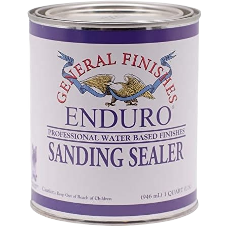 Quart can of General Finishes Enduro water based sanding sealer for wood finishing and home improvement projects