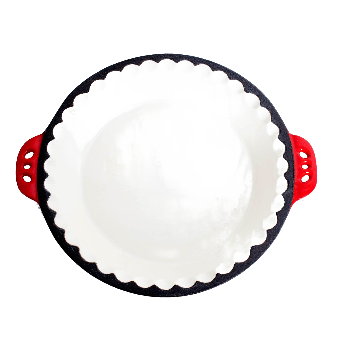 Round cast iron pie pan with scalloped edges and red handles for kitchenware and under $50 collections