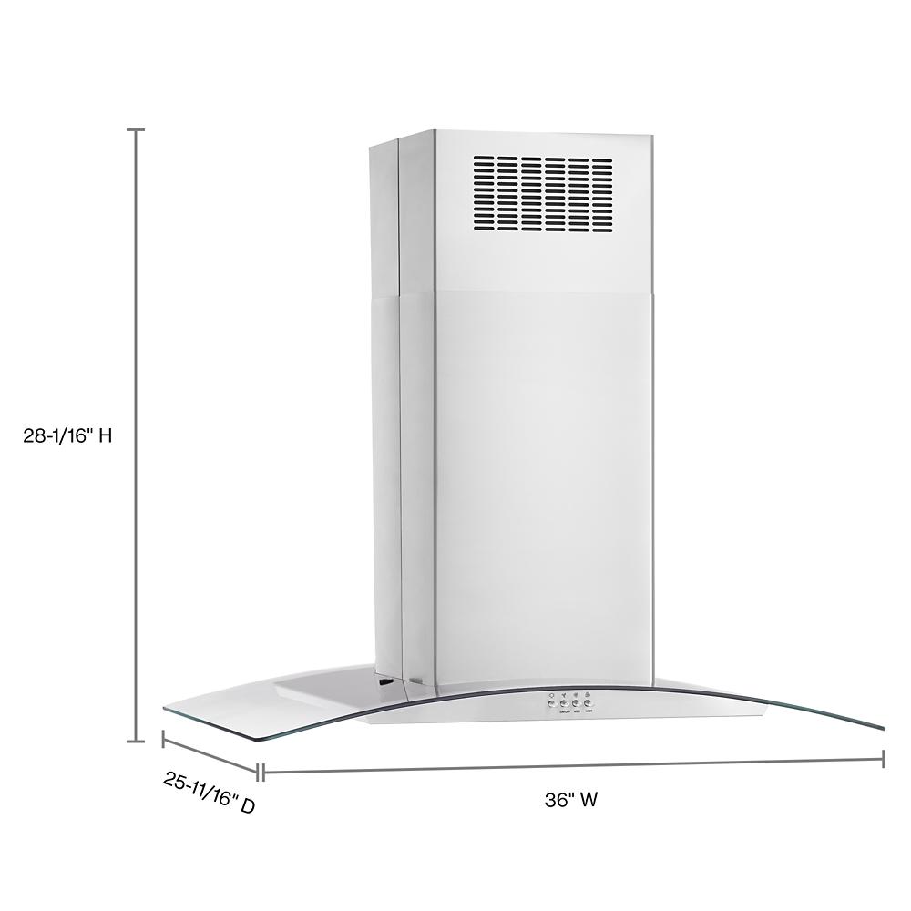 Stainless steel curved glass kitchen island range hood with vent and control panel, part of Island Range Hoods collection