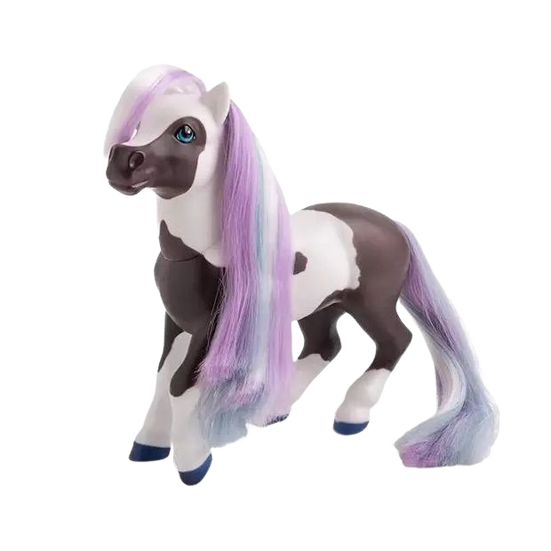 Small collectible mer-pony figure with purple and blue mane and tail, and a spotted white and brown body